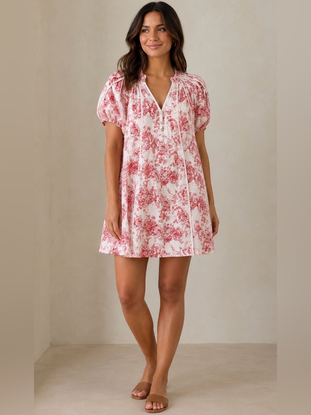 Entro Toile Print Cotton Puff Sleeve Babydoll Mini Dress M